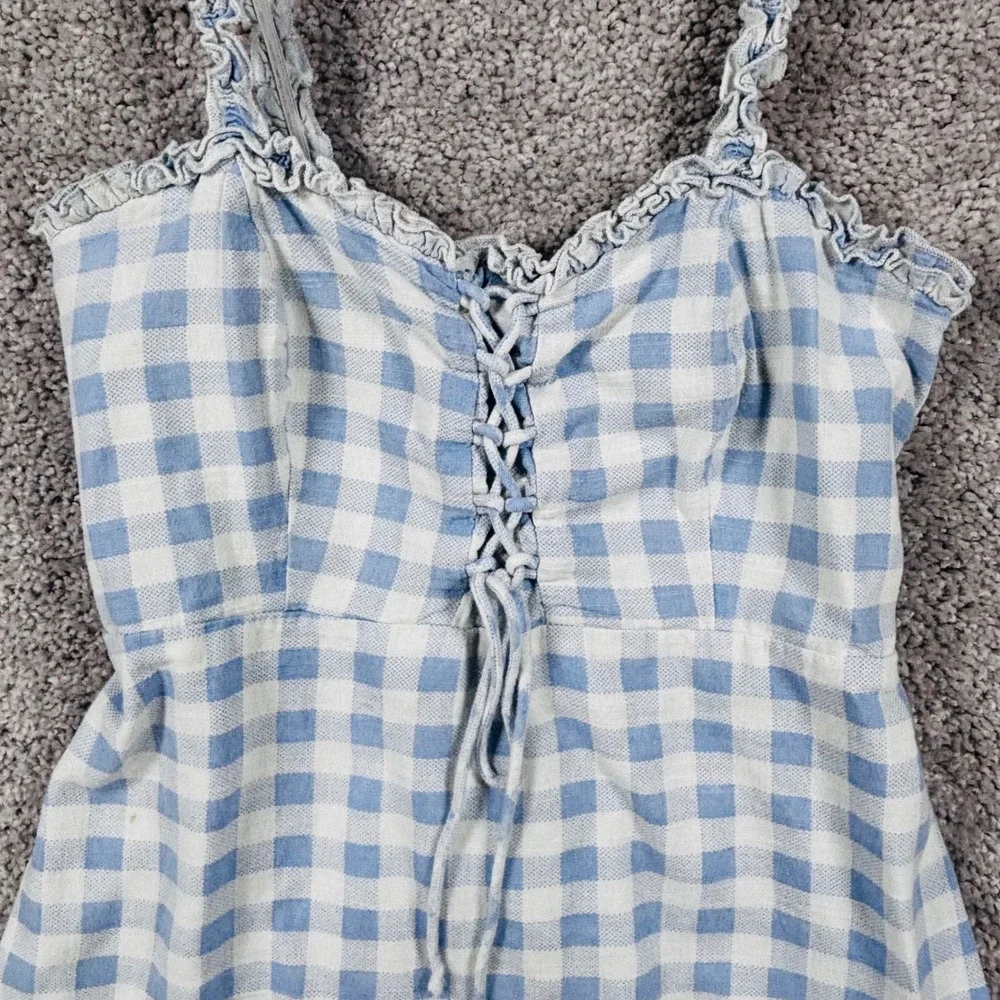 Urban Outfitters Blue Gingham Lace Up Ruffle Mini Dress‎ Small OB1210894